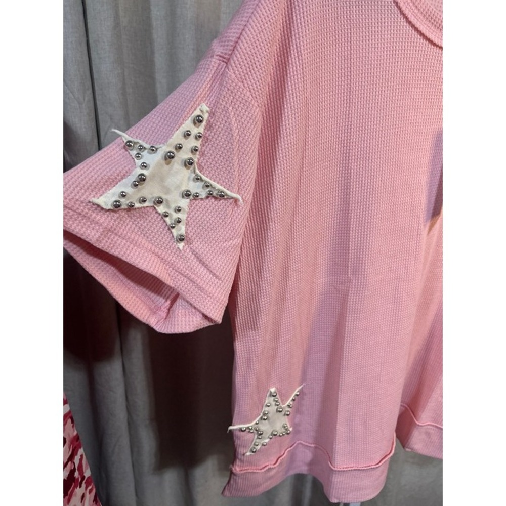 Bluevelvet Pink Waffle Knit Beaded Star Patch Oversized Tee NWT S - Picture 4 of 5